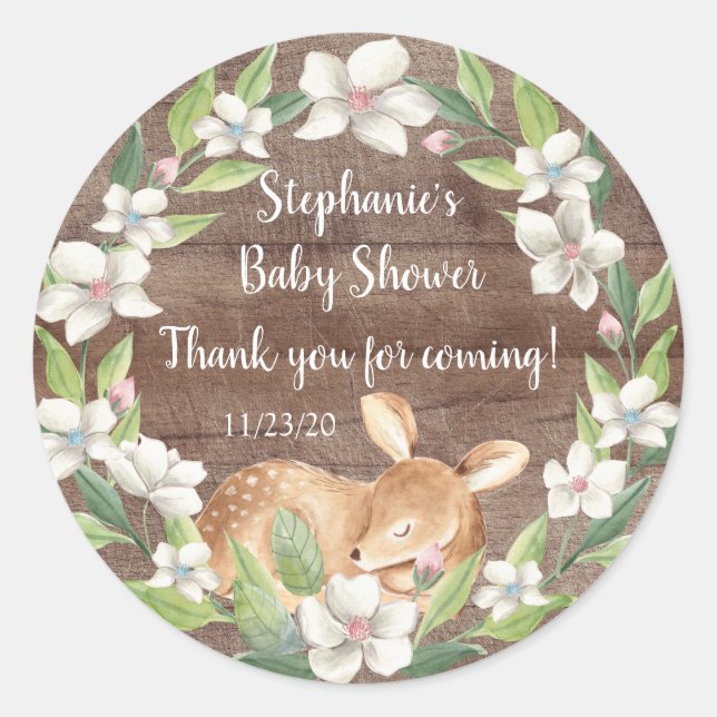 Rustic Woodland Sweet Deer Baby Shower Favour Classic Round Sticker (Front)