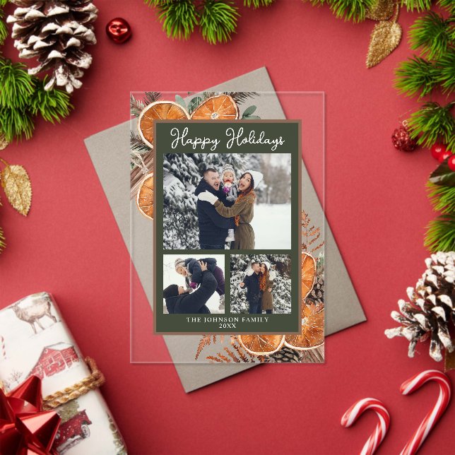 Rustic Woodland Three Photo Christmas Holiday Acrylic Invitations (Insitu (Holiday))