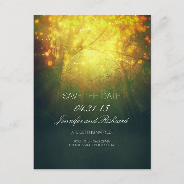 Rustic Woodland Tree Lights Save The Date Announcement Postcard (Front)