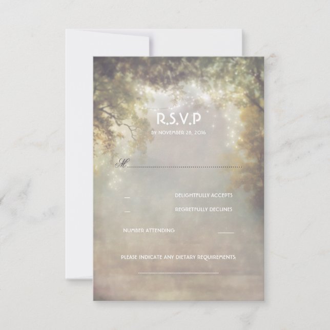 Rustic Woodland Tree Lights Wedding RSVP Card (Front)