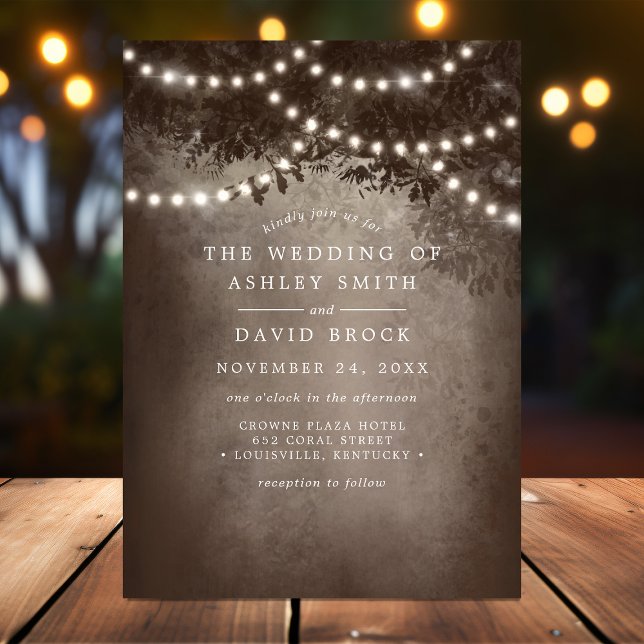 Rustic Woodland Tree String Lights Brown Wedding Invitation (Creator Uploaded)