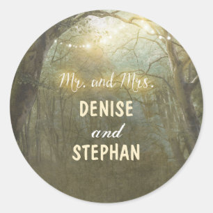 Rustic Woodland Tree String Lights Wedding Classic Round Sticker