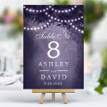 Rustic Woodland Tree String Of Lights Purple Table Number<br><div class="desc">Illuminate your rustic wedding reception with these enchanting table numbers. Featuring a majestic woodland tree silhouette adorned with twinkling string lights against a romantic purple backdrop, these table numbers add a touch of magic to your special day. Perfect for outdoor or indoor celebrations, they create a warm and inviting ambiance...</div>