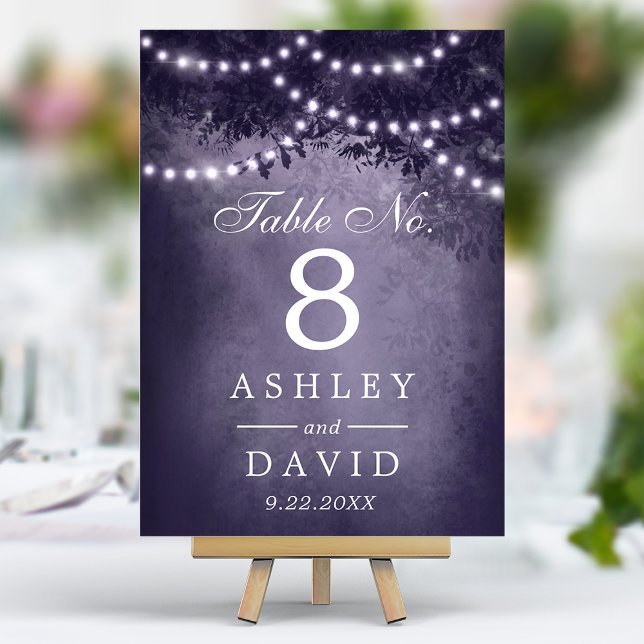 Rustic Woodland Tree String Of Lights Purple Table Number (Creator Uploaded)