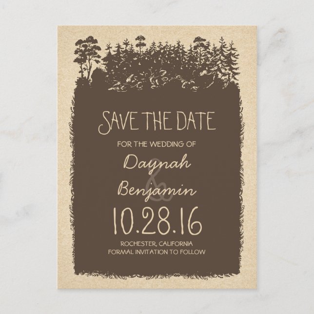 rustic woodland trees save the date postcards (Front)