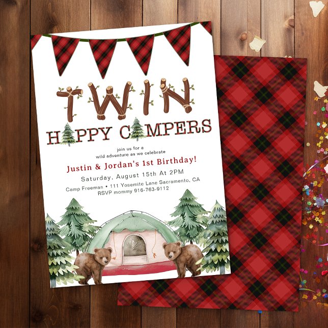 Rustic Woodland Twins One Happy Camper Birthday Invitation (Twin Happy Campers Birthday Party Invite)