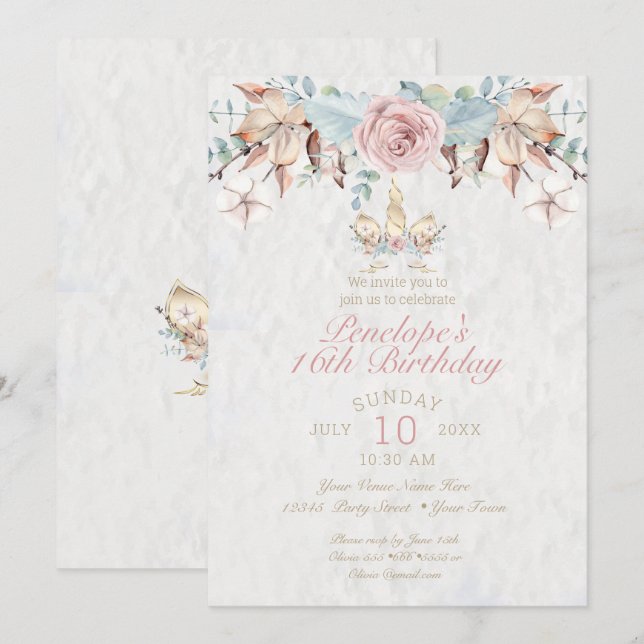 Rustic Woodland Unicorn  Blush Pink Rose Invitation (Front/Back)