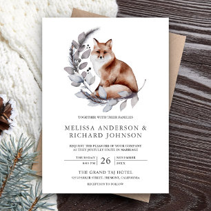 Rustic Woodland Watercolor Forest Fox Wedding Invitation
