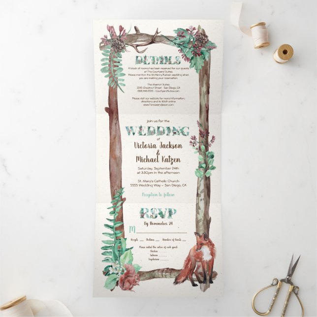 Rustic Woodland Watercolor Forest Wedding Tri-Fold Invitation (Inside)