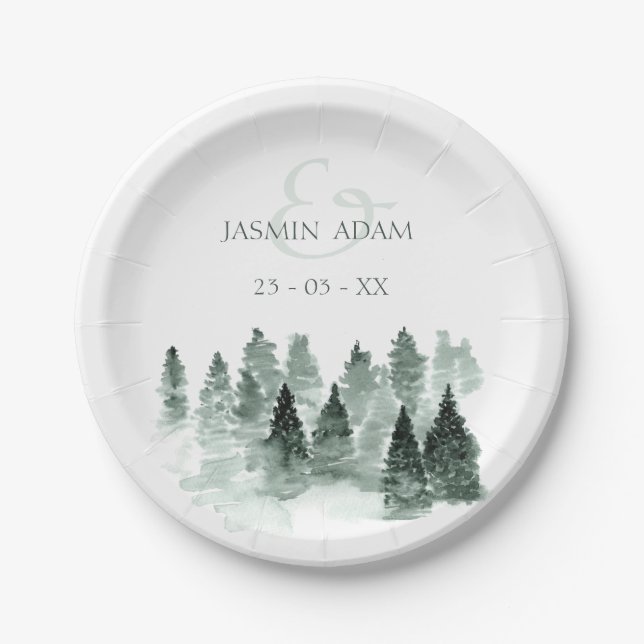 Rustic Woodland Watercolor Wedding Paper Plate (Front)