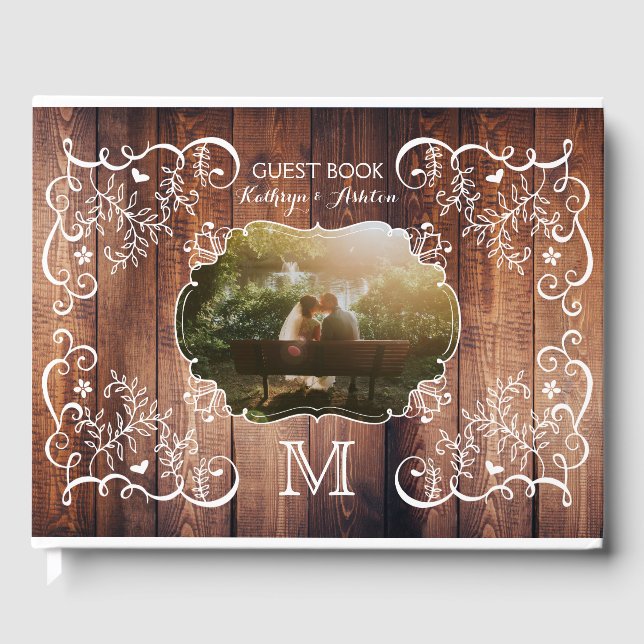 Rustic Woodland Wedding Photo Wood Panel Monogram Guest Book (Front)