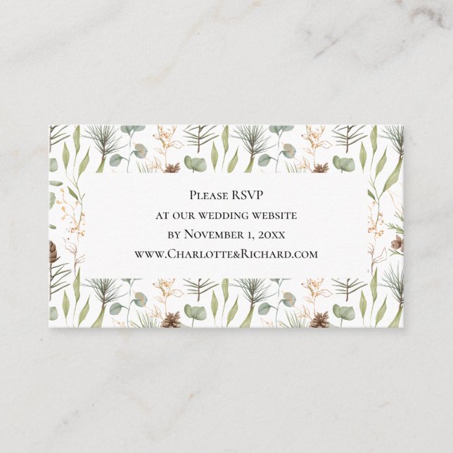 Rustic Woodland Wedding Website RSVP Business Card (Front)