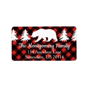Rustic Woodland White Bear & Buffalo Check Plaid Label