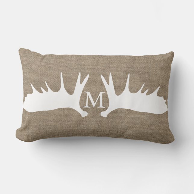 Rustic Woodland White Moose Antlers Faux Burlap Lumbar Cushion (Front)
