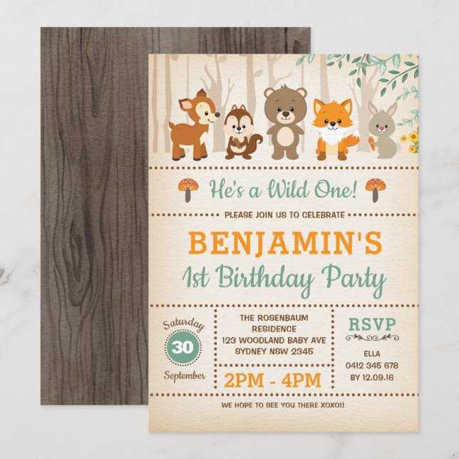 Rustic Woodland Wild One Forest Animals Birthday Invitation (Front/Back)