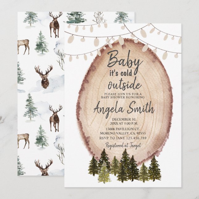 Rustic Woodland Winter Baby Shower String Lights Invitation (Front/Back)