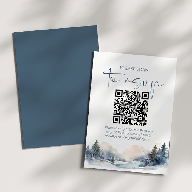Rustic Woodland Winter Forest QR code Wedding RSVP Card (Creator Uploaded)