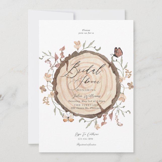 Rustic Woodland Wood Slice Bridal Shower Wedding Invitation (Front)