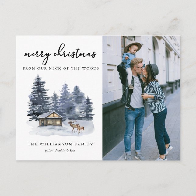 Rustic Woodlands Watercolor Photo Christmas Card  (Front)