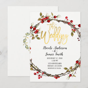 Rustic Woods Cranberry Berry Wreath Modern Wedding Invitation