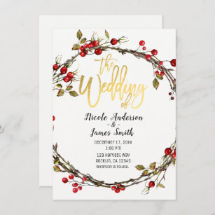 Rustic Woods Cranberry Berry Wreath Modern Wedding Invitation