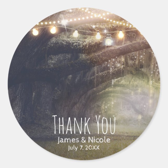 Rustic Woods Enchanted Forest & Lights Wedding Classic Round Sticker (Front)
