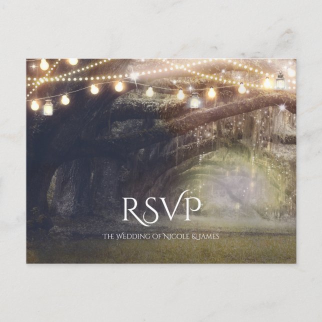 Rustic Woods Enchanted Forest Lights Wedding RSVP Invitation Postcard (Front)