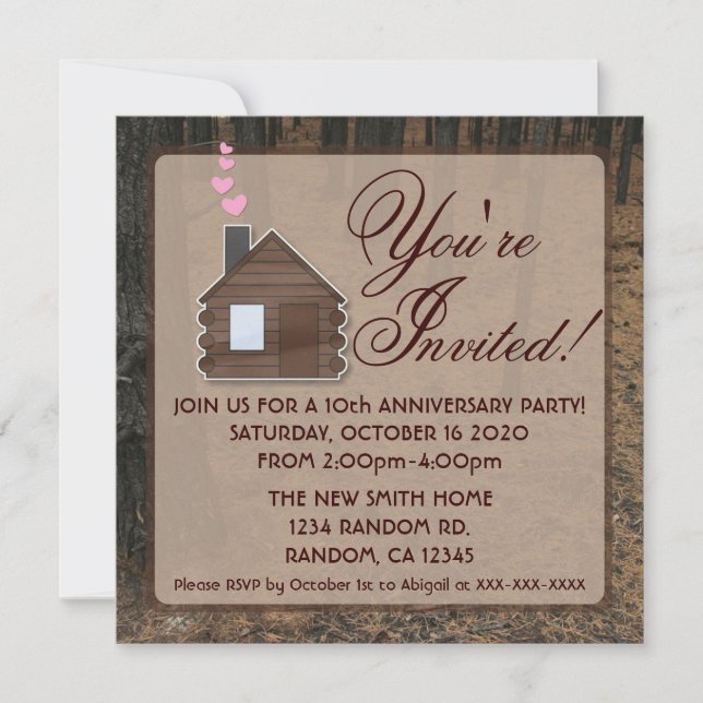 Rustic woods log cabin anniversary party invites (Front)