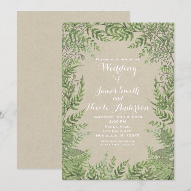 Rustic Woodsy Botanical Leaves Kraft Wedding Invitation (Front/Back)