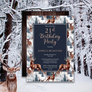 Rustic Woodsy Deer   Forest 21st Birthday Party Invitation