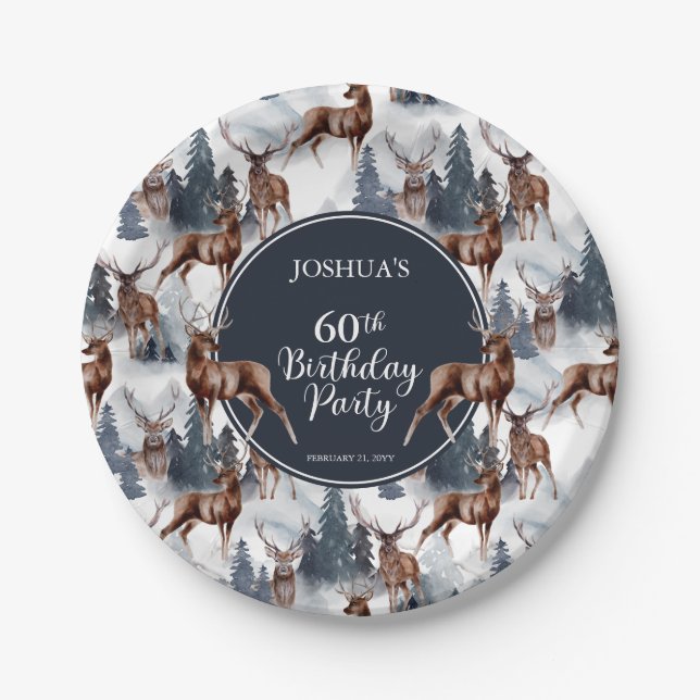 Rustic Woodsy Deer | Forest 60th Birthday Party Paper Plate (Front)