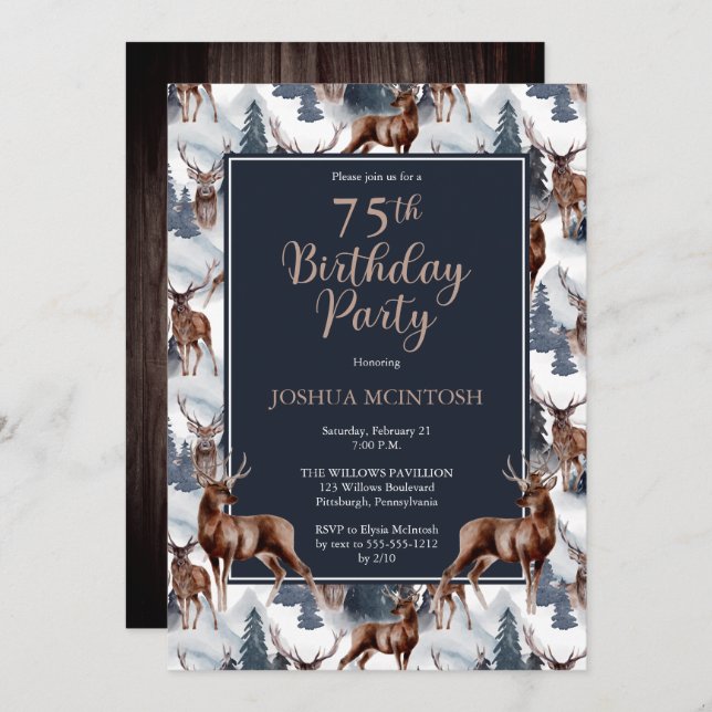 Rustic Woodsy Deer | Forest 75th Birthday Party Invitation (Front/Back)
