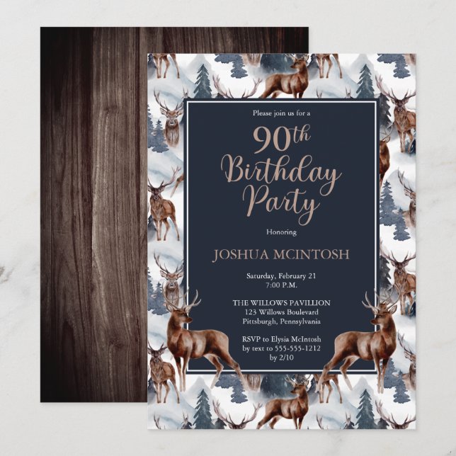 Rustic Woodsy Deer | Forest 90th Birthday Party Invitation (Front/Back)