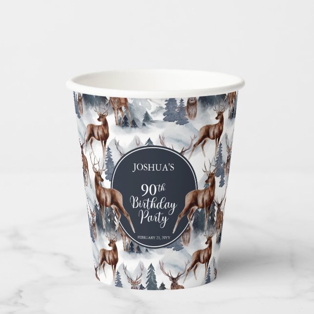 Rustic Woodsy Deer | Forest 90th Birthday Party Paper Cups (Front)