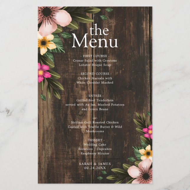 Rustic Woodsy Elegant Country Wood Dinner Menu (Front)