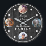 Rustic Woodsy Four Photo Family with Quote Large Clock<br><div class="desc">Great for celebrating your family or for housewarmings,  this rustic woodsy design has been fashioned in a dark,  rustic gray-toned faux wood background with white lettering and four photos.  All text can be modified as desired.  Composite design by Holiday Hearts Designs (rights reserved).</div>