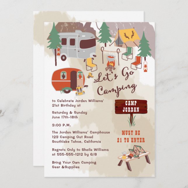 Rustic Woodsy Lets Go Camping 21st Birthday Party Invitation (Front/Back)