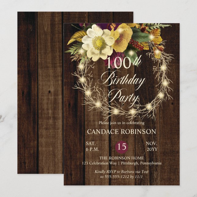 Rustic Woodsy Lighted Wreath 100th Birthday Party  Invitation (Front/Back)