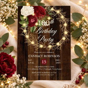 Rustic Woodsy Lighted Wreath 100th Birthday Party Invitation