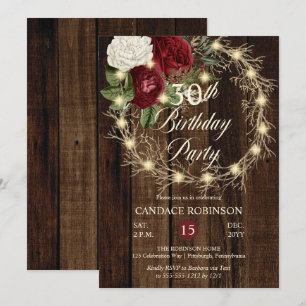 Rustic Woodsy Lighted Wreath 30th Birthday Party Invitation