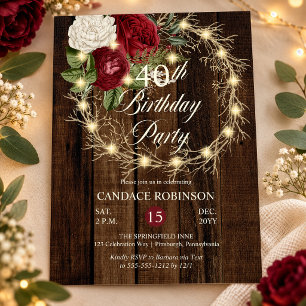 Rustic Woodsy Lighted Wreath 40th Birthday Party Invitation