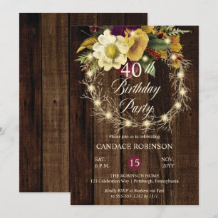 Rustic Woodsy Lighted Wreath 40th Birthday Party Invitation