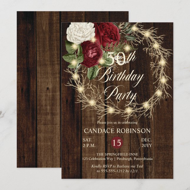 Rustic Woodsy Lighted Wreath 50th Birthday Party Invitation (Front/Back)