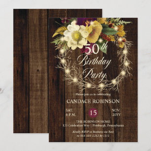 Rustic Woodsy Lighted Wreath 50th Birthday Party Invitation