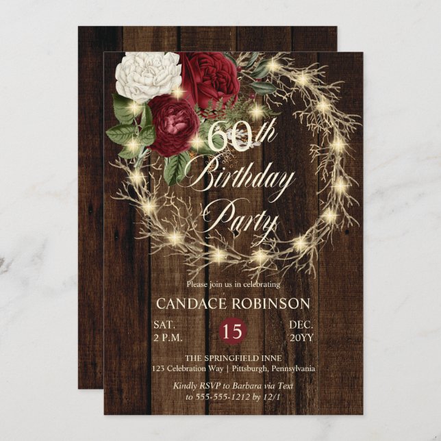 Rustic Woodsy Lighted Wreath 60th Birthday Party  Invitation (Front/Back)