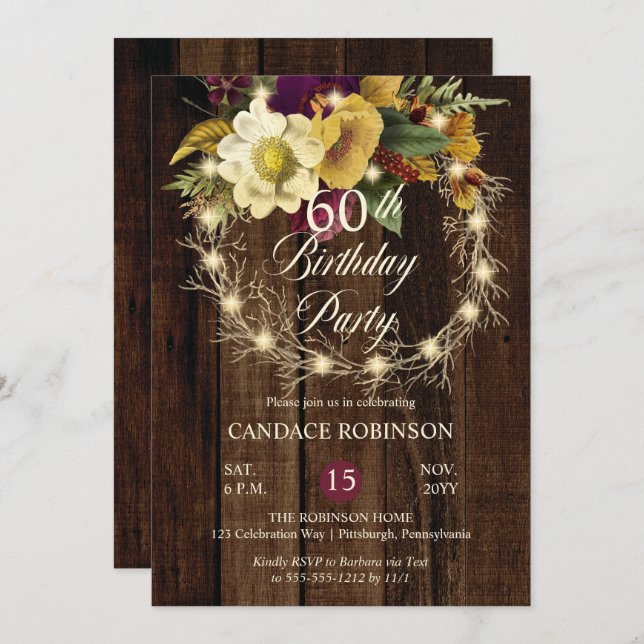 Rustic Woodsy Lighted Wreath 60th Birthday Party Invitation (Front/Back)