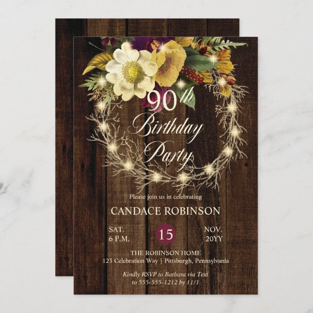 Rustic Woodsy Lighted Wreath 90th Birthday Party I Invitation (Front/Back)
