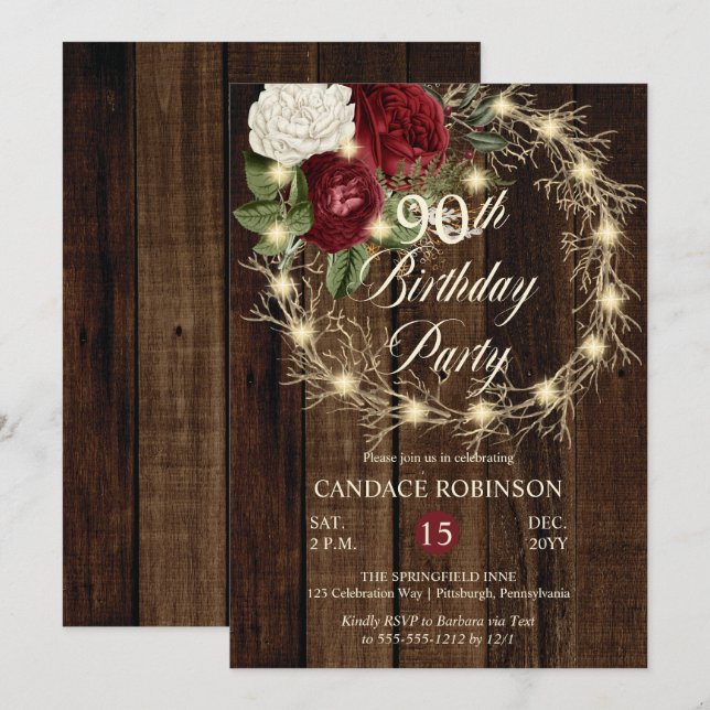 Rustic Woodsy Lighted Wreath 90th Birthday Party Invitation (Front/Back)