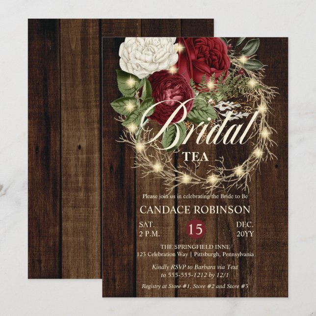 Rustic Woodsy Lighted Wreath Bridal Tea Invitation (Front/Back)