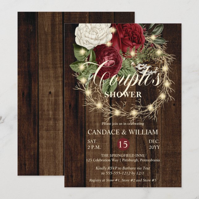 Rustic Woodsy Lighted Wreath Couple's Shower Invitation (Front/Back)